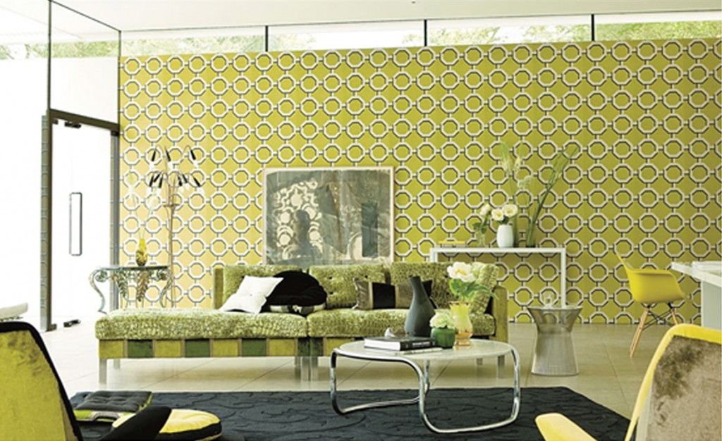 Chartreuse Green Foyer with Green and Gray Flocked Wallpaper  Contemporary   Entrancefoyer