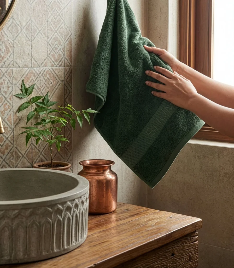 Green organic cotton hand towel beside bathroom basin by Bhumi