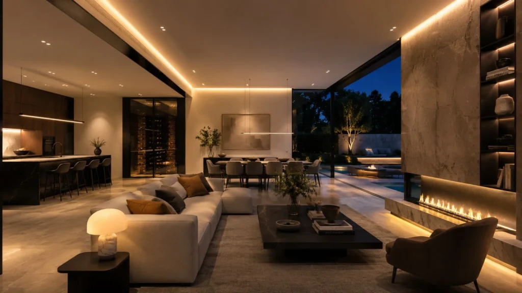 Architectural lighting in a luxury home interior with warm layered lighting
