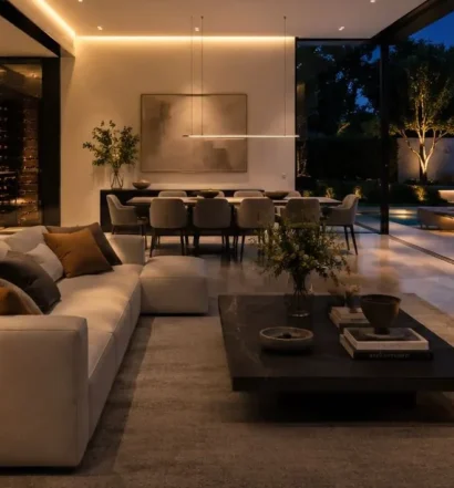 Architectural lighting in a luxury home interior with warm layered lighting