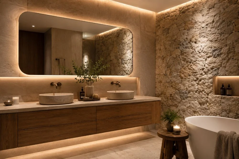 Architectural lighting highlighting natural stone and timber in a luxury bathroom