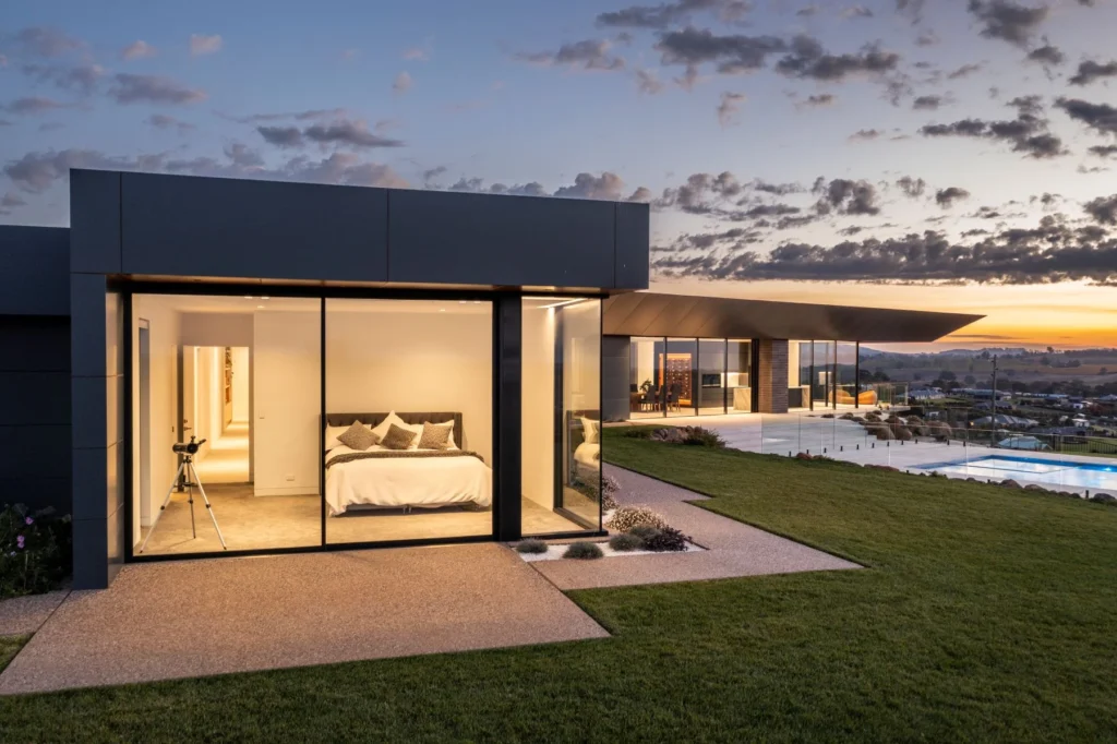 High performance windows framing views across a luxury hilltop home in NSW