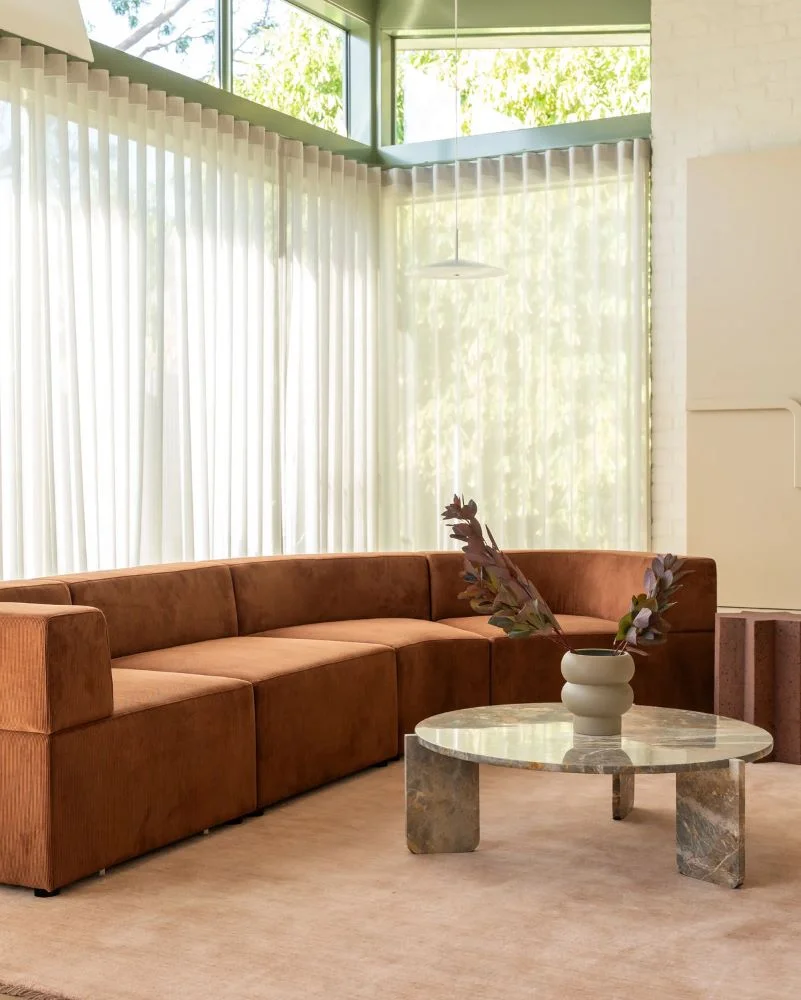 RJ Living Stretch curved modular sofa in Cocoa corduroy