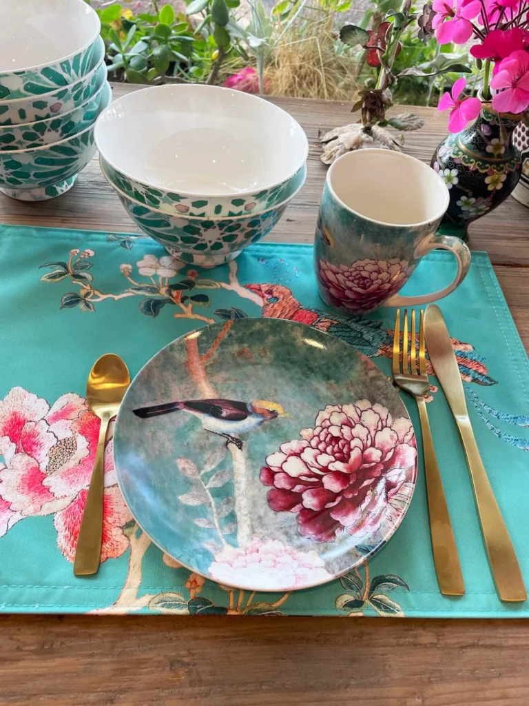 Chinoiserie dessert plates with colourful floral and bird motifs