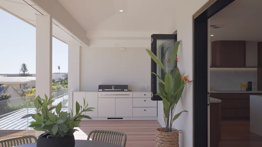 Custom alfresco cabinetry with porcelain finishes in City Beach home