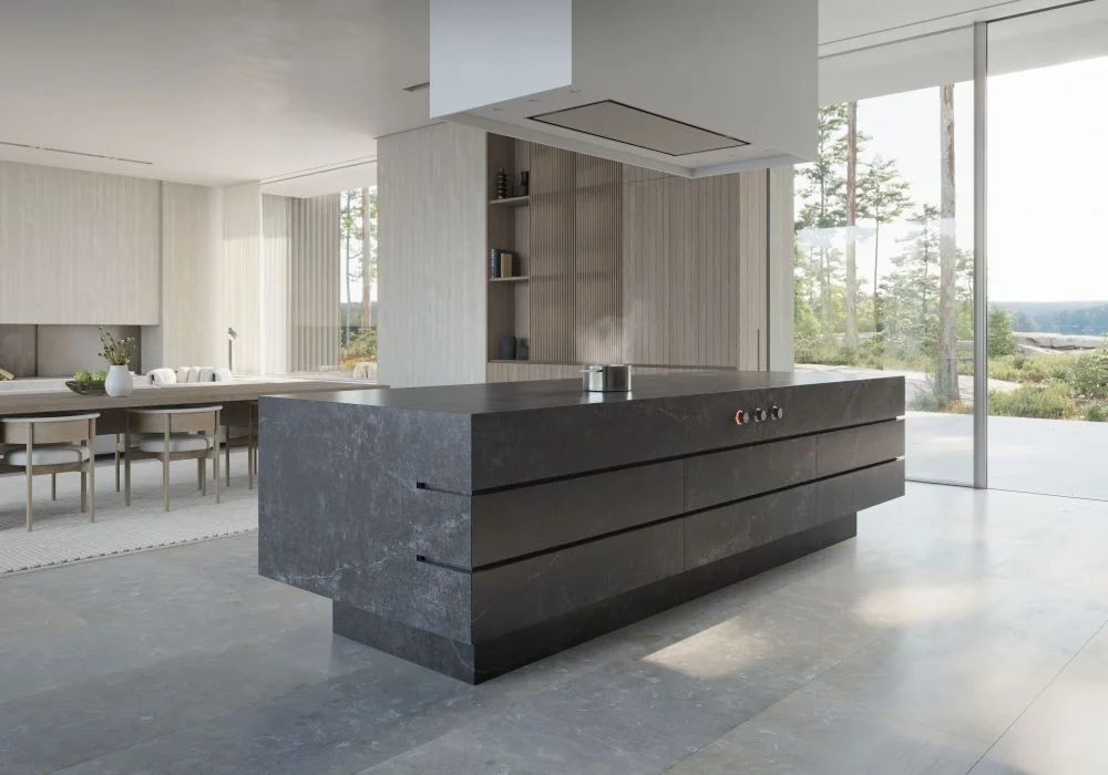 Invisible induction cooktop hidden beneath a Dekton kitchen worktop